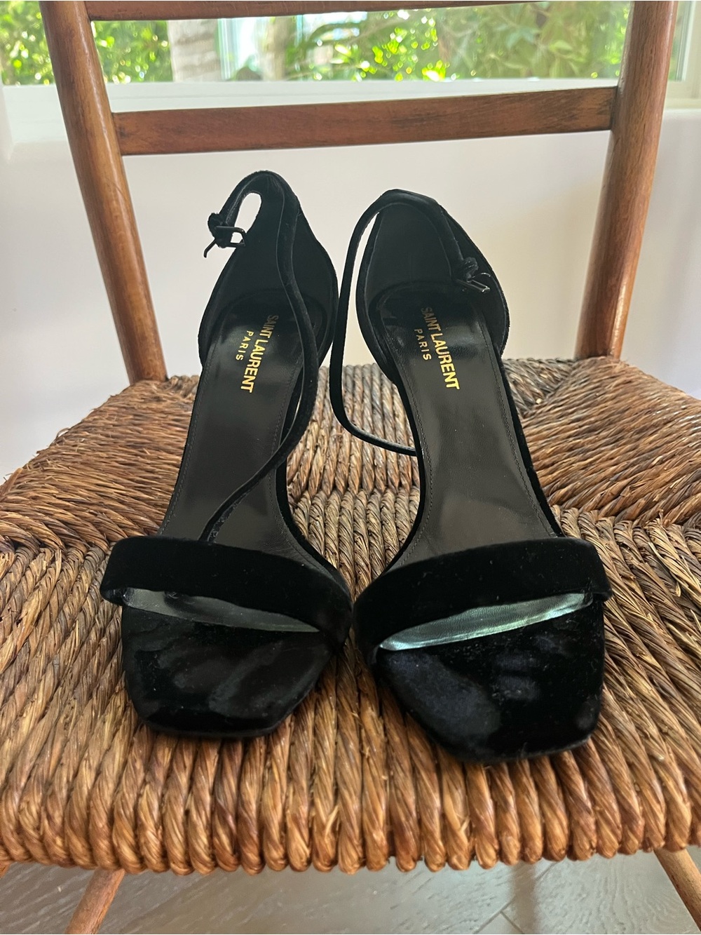 Saint Laurent Black Velvet Strappy Open-Toe Heels